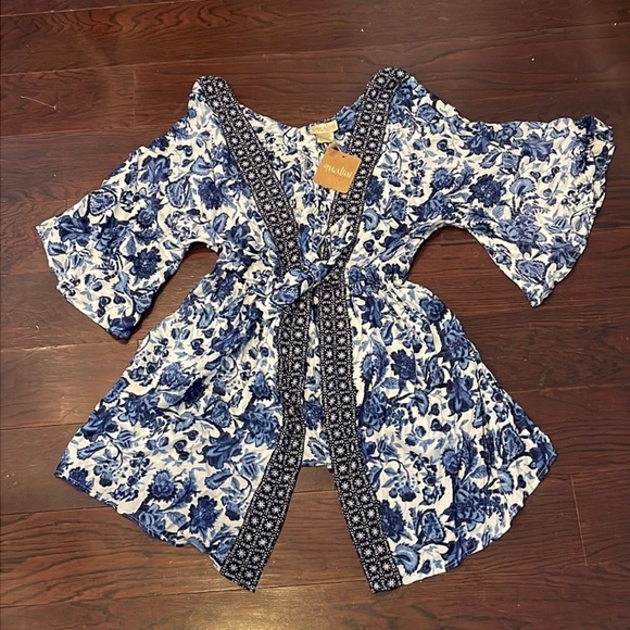 Jacket NALINI Top Rayon Blue White Floral Print Tie Front Size Medium One Size - Picture 2 of 6